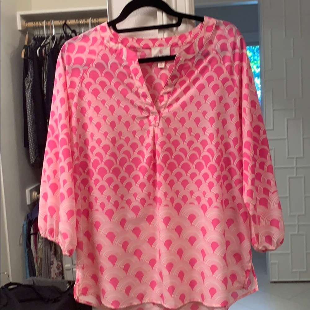 Pink white  patterned v neck Julie brown blouse